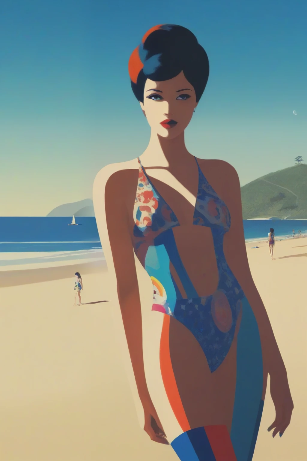 Psychedelic colourful artwork of a woman on a beach by Malika Favre 