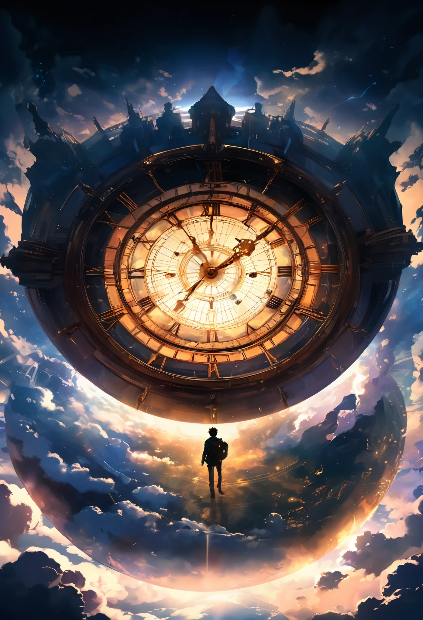 anime style image of a man standing on a platform looking at a clock, Time travel theme, infinite space clock background, dreampunk romanticism artwork, time traveler, inter dimensional clockwork, makoto shinkai cyril rolando, memory trapped in eternal time, astral clockwork, in search of lost time, the passage of time, epic anime art
