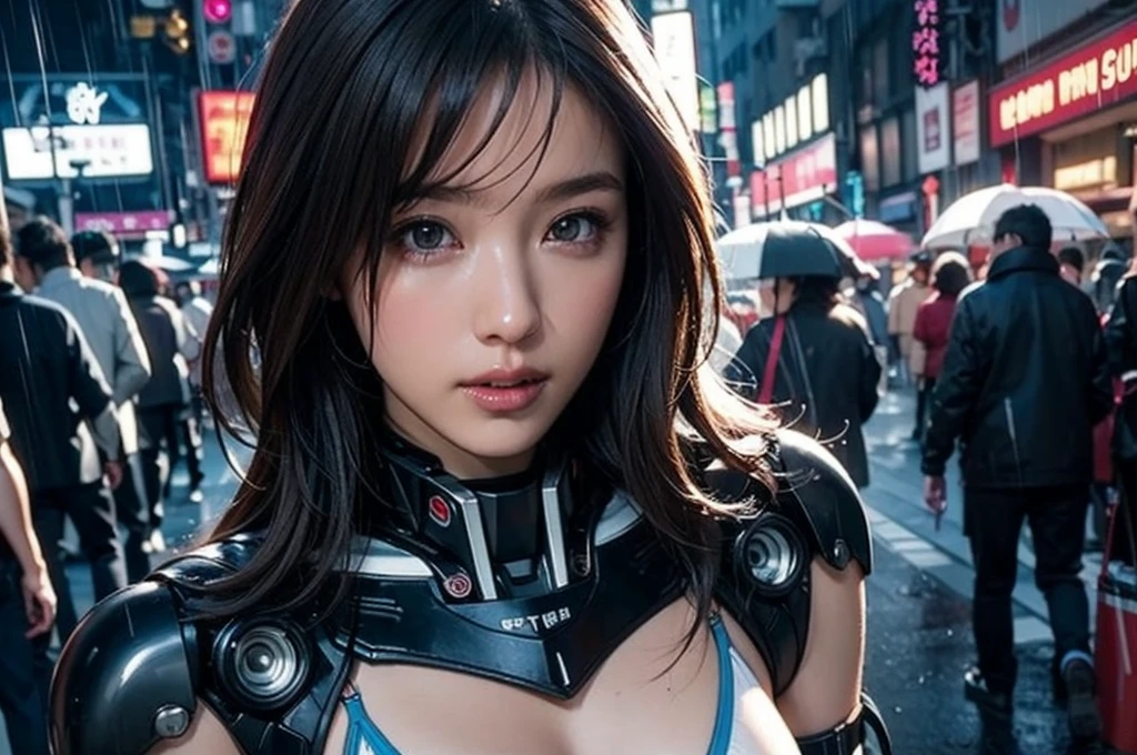 Best Illustrations, Woman covered in complex white cybernetics, Blue LED light, Combat Uniform, Cleavage, high tech, Ultra-high resolution, 32K, (Bikini Cyborg Robot Parts), (detailed:1.4), Cyberpunk City Background, Rainy Street, Beautiful Face, Long golden hair, Professional Lighting, masterpiece, Very delicate and beautiful, Professional photos