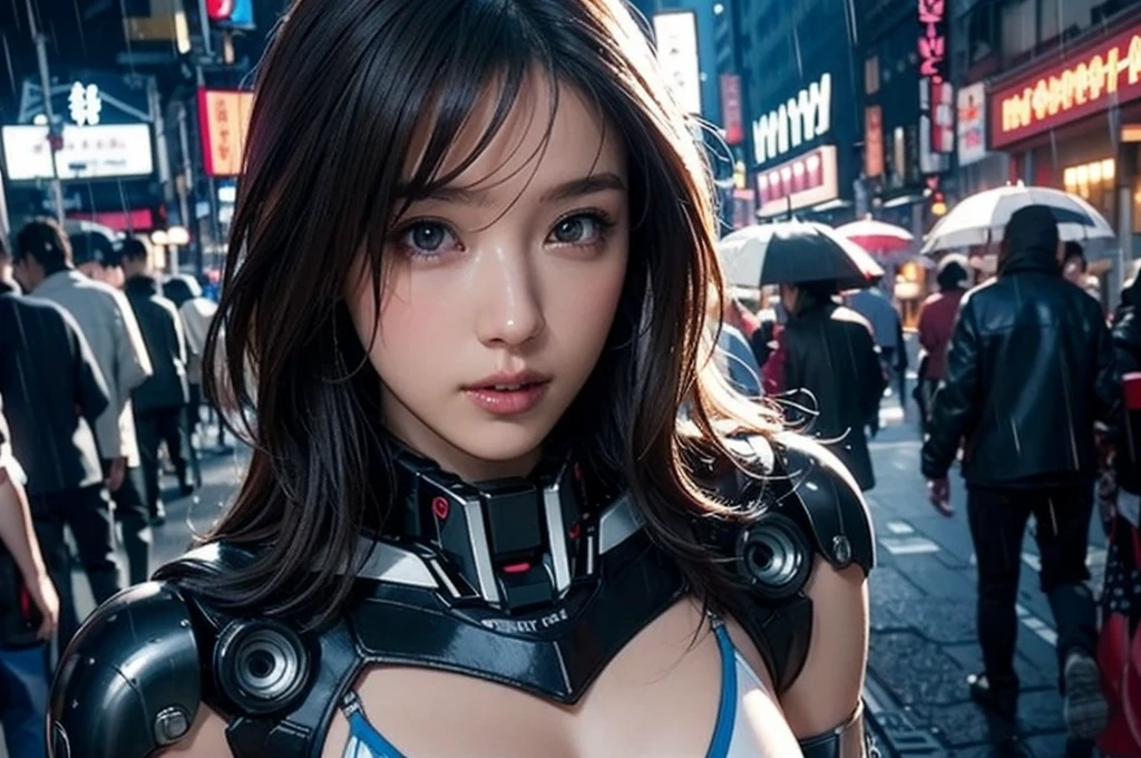 Best Illustrations, Woman covered in complex white cybernetics, Blue LED light, Combat Uniform, Cleavage, high tech, Ultra-high resolution, 32K, (Bikini Cyborg Robot Parts), (detailed:1.4), Cyberpunk City Background, Rainy Street, Beautiful Face, Long golden hair, Professional Lighting, masterpiece, Very delicate and beautiful, Professional photos