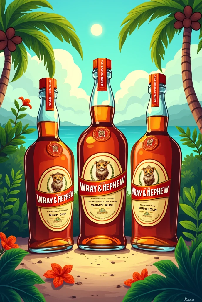 cartoon of Jamaican wray and nephew bottles
