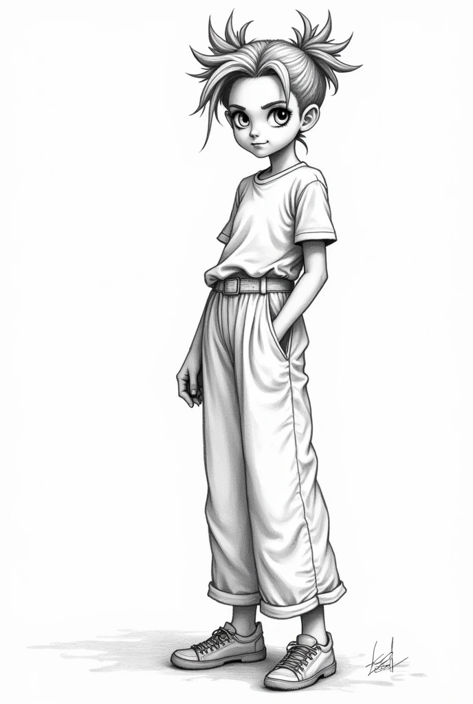 Pencil drawing of a girl with spiky hair,full body with wide pants 