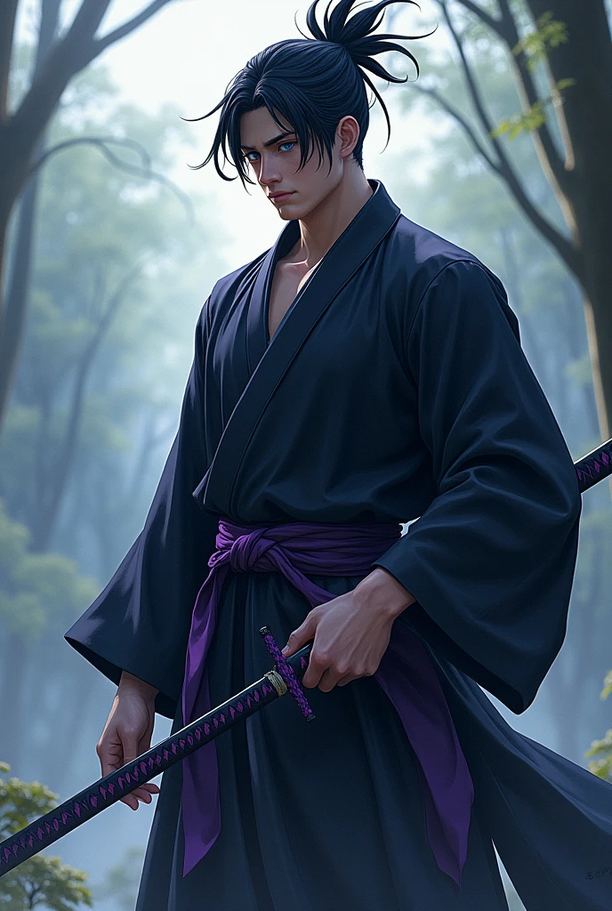 Tall boy of 2,00 meters black hair with blue eyes and somewhat muscular ,Carrying a black katana with purple details 