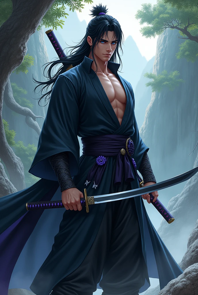 Tall boy of 2,00 meters black hair with blue eyes and somewhat muscular ,Carrying a black katana with purple details