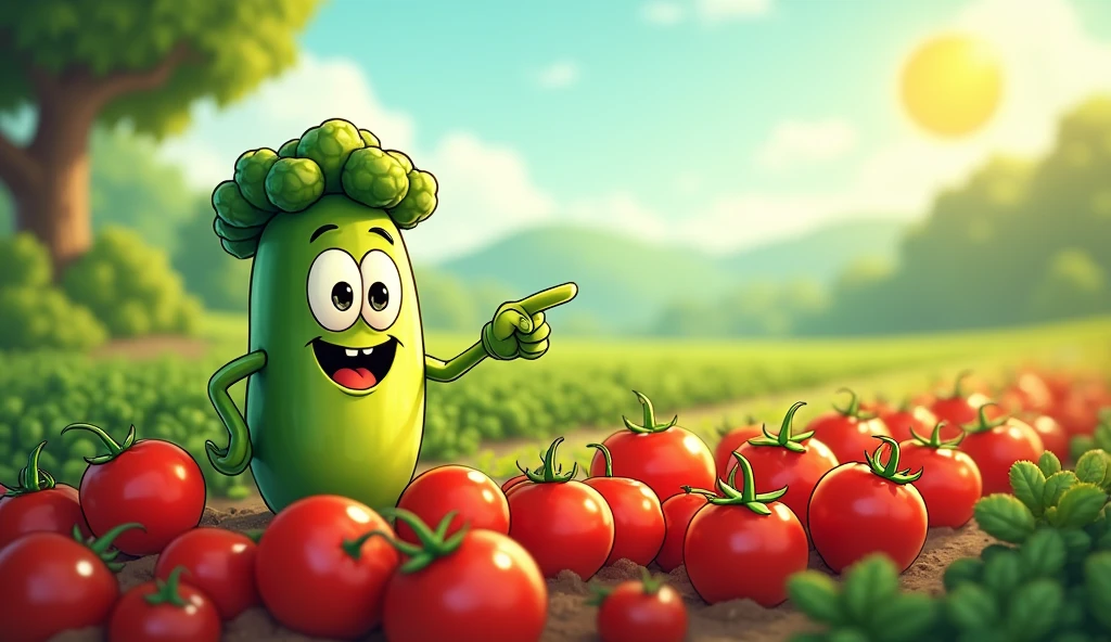 veggie points toward a cartoonish tomato patch round and red for kids cartoon