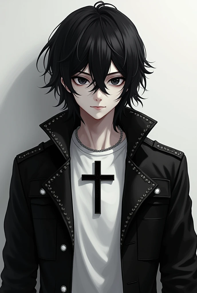 Boy with long black hair and black eyes, white t-shirt, black jacket with cross on neck 