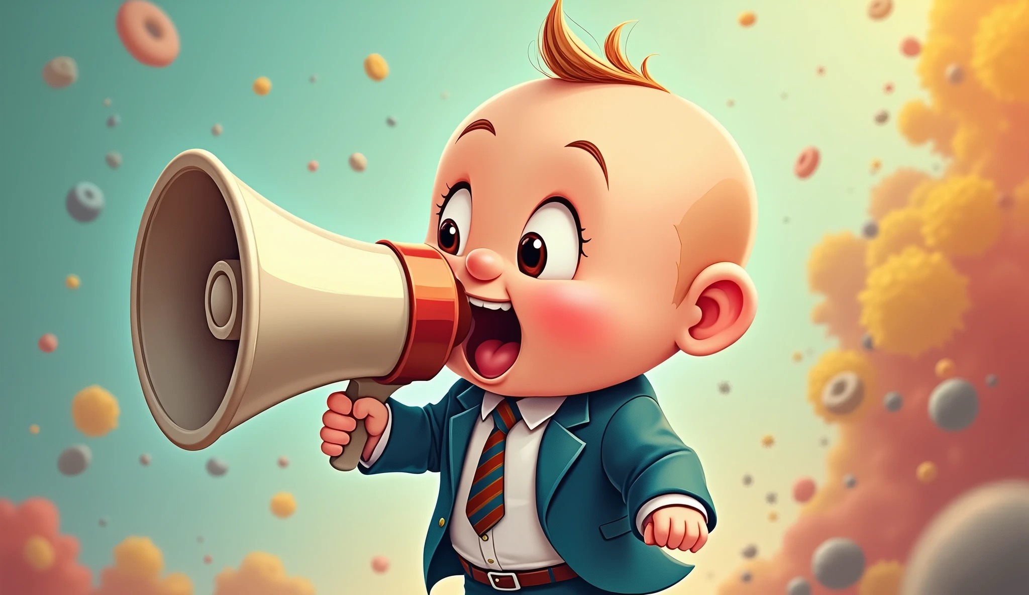 A baby in a suit holding a megaphone in catoon