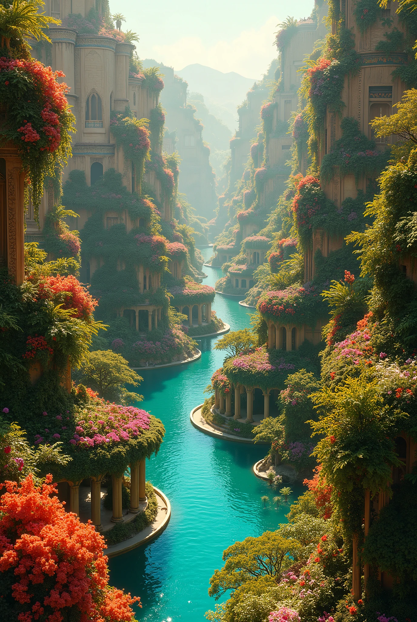 Des Jardins du Royaume de Babylone Vaste Et Splendide, Florale, Canals d'Eau Intiqués, Chaude Couleurs Vibrante, Époustouflante, Grandiose.
