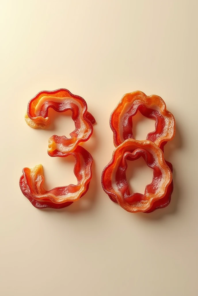 As palavras "is 31/08" in the shape of bacon slices
