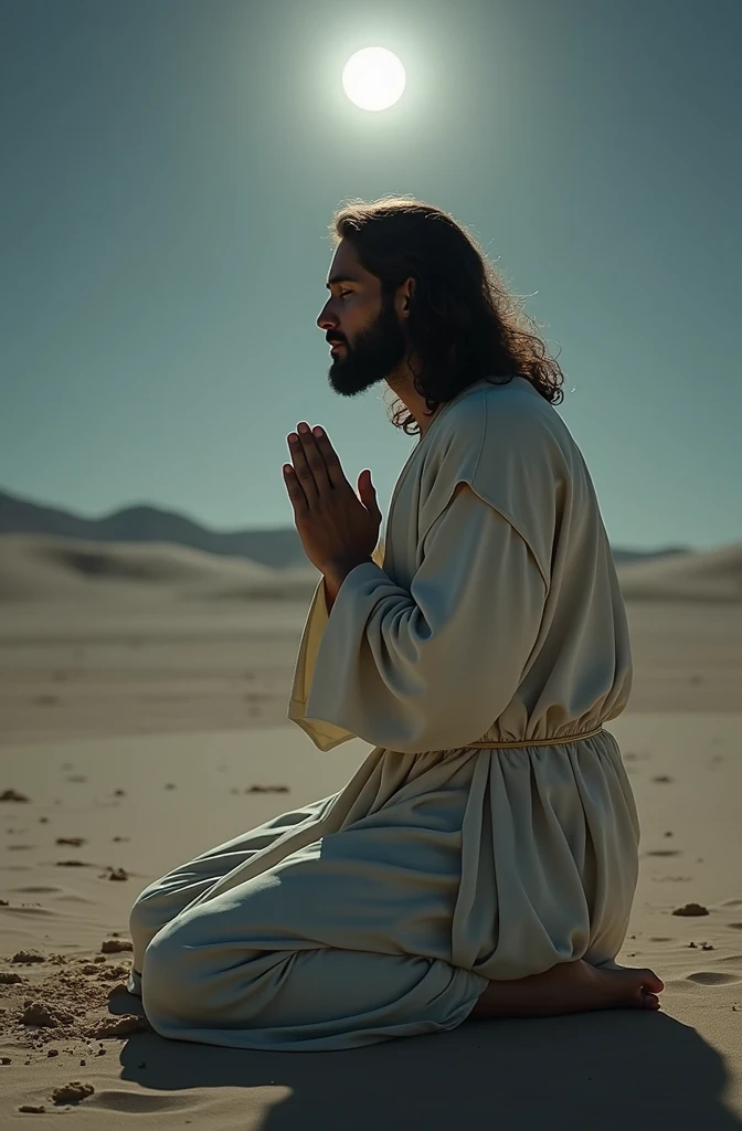 Jesus is kneeling in solitude, hands clasped together, eyes closed in deep prayer. His robe is simple, glowing softly in the moonlight. The background is a barren desert, emphasizing His peaceful and reflective nature.