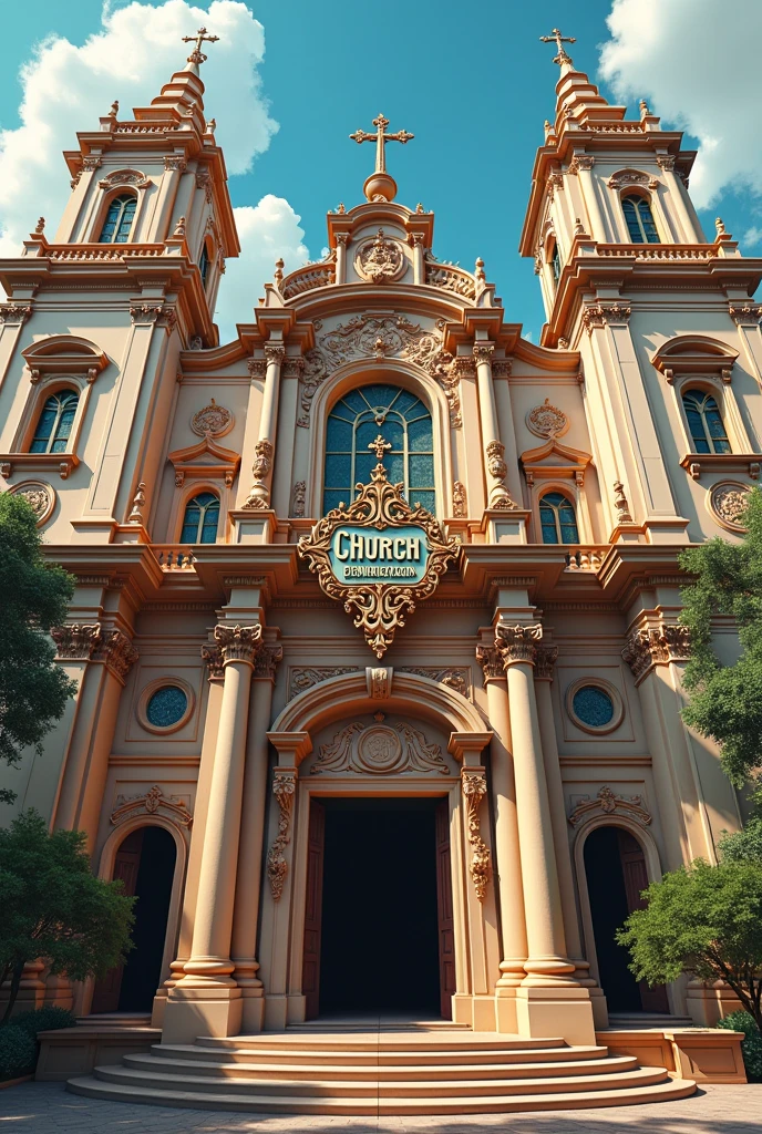 Create a church facade with the sign written in Portuguese, Church of the pentatonic scales.