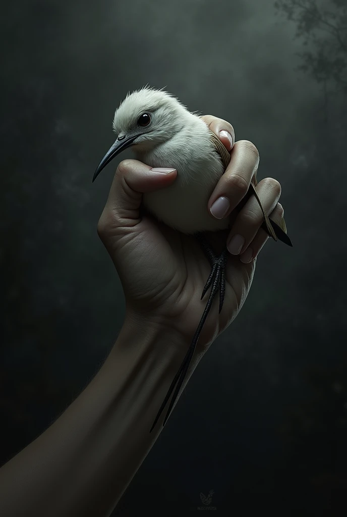 a hand carrying and squeezing by the neck a fragile bird on a dark background