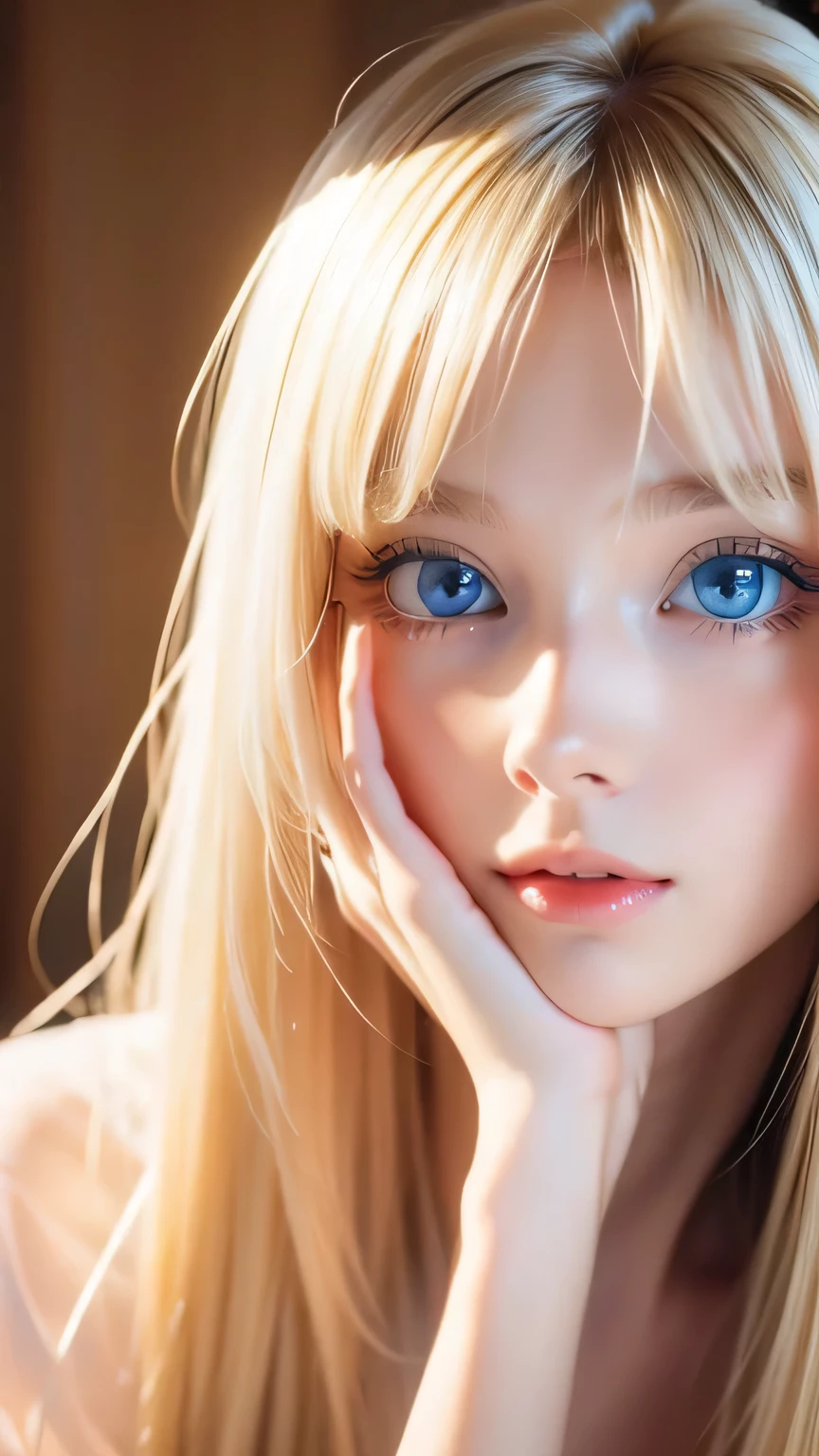Very beautiful blonde hair、Bright Blue Eyes、Beautiful Girl、1 Nordic beauty、Shiny, super long, straight, silky hair、Beautiful natural platinum blonde、Very bright, large light blue eyes that shine beautifully、Double eyelids、Big eyes、Small Face Beauty、round face、Cheek gloss highlighter、Ample breasts、Very white and shiny skin、Blonde hair color that changes with light、Long bangs obstruct the view、Sexy and very beautiful lovely cute gorgeous face、The most beautiful face in the world、smooth, straight hair、Shining light blue eyes、Beautiful bangs、Beautiful cute girl、disheveled bangs above the eyes,