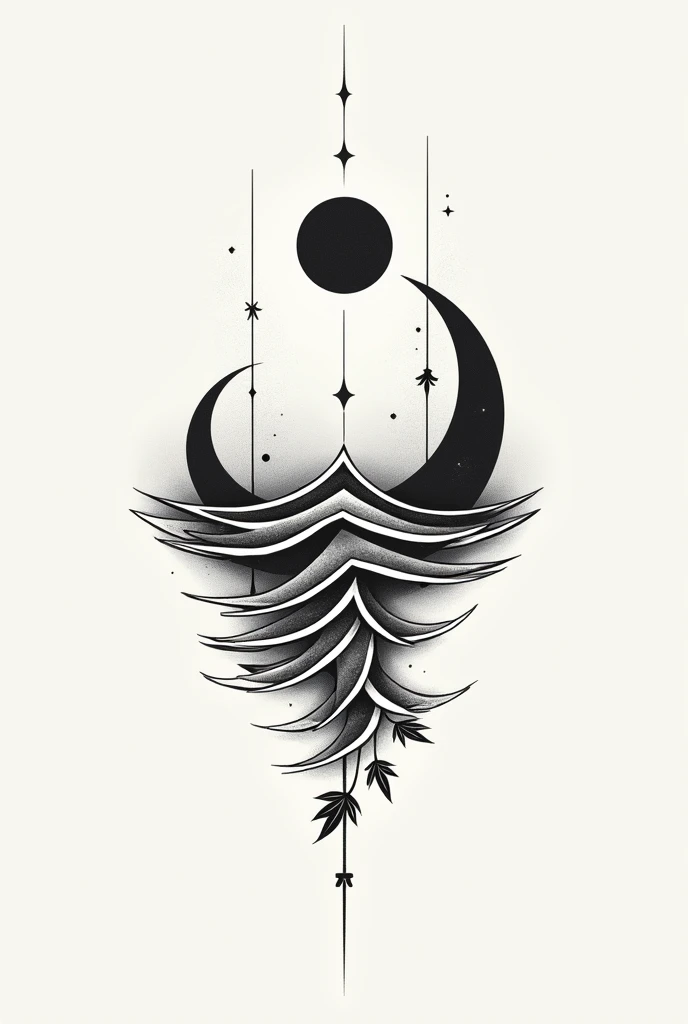 Tattoo with half moon, sun and an ocean wave line in the middle
