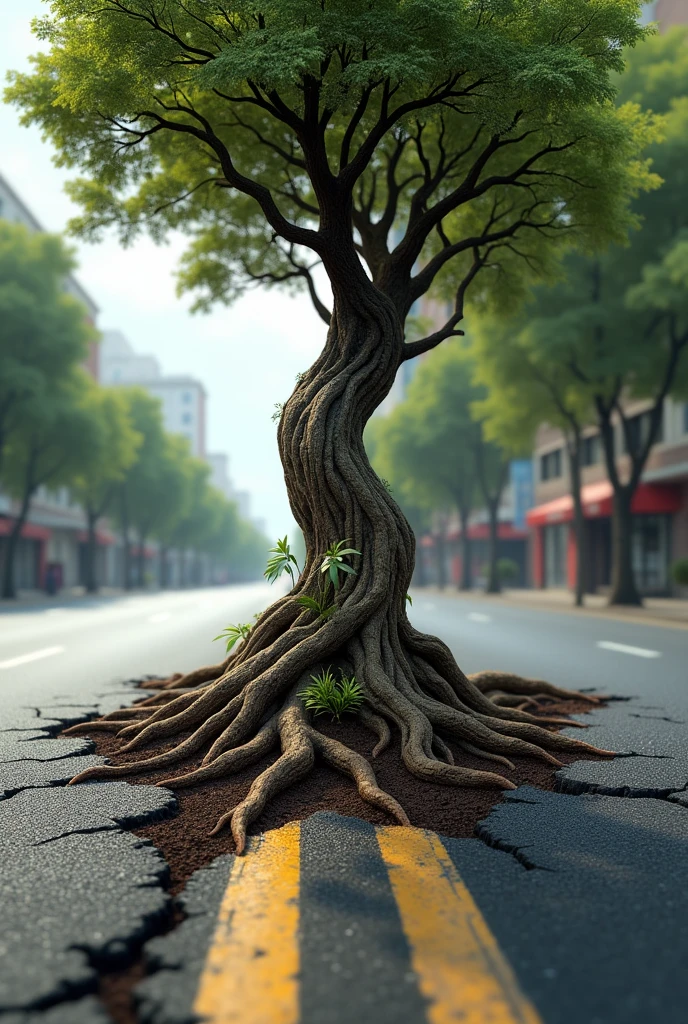 Tree roots sprouting from the ground on the road