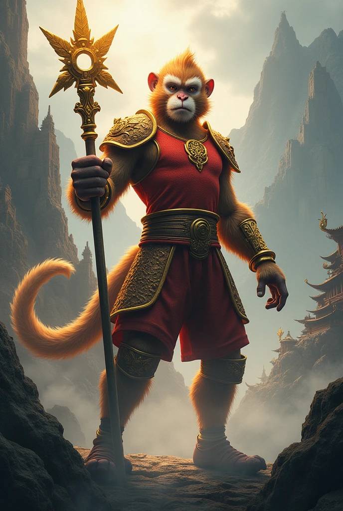 Create a highly detailed scene of Sun Wu Kong from the game 'Black Myth: Wu Kong.'It should be shown standing in the middle of a misty mountain landscape, holding his golden staff. Sun Wu Kong's fur is golden-brown, and his piercing eyes reflect his fierce yet wise nature.. His armor is adorned with intricate dragon motifs., and its surroundings include ancient temples and mystical creatures. The scene should evoke a sense of epic adventure, force, and with mythological depth. He will be wearing the latest jersey of the Spanish national football team and the matching shorts of the Spanish national team..