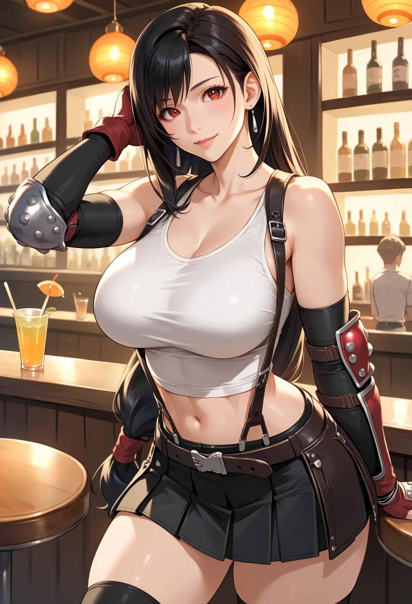 Izayoi Seishin artstyle, (score_9, score_8_up, score_7_up), (best quality, masterpiece),perfect anatomy, (aesthetic, very aesthetic), official style, (ultra-high resolution), 1girl, tifa lockhart, final fantasy, (beautiful woman), tareme, black hair, low-tied long hair, red eyes, bangs, white tank top, gap, belt, pleated skirt, thighhighs, elbow fingerless gloves, elbow pads, midriff, navel, suspender skirt, zettai ryouiki, front view, straight-on, large breasts, Solo, mediumshot, vibrant, joyful, cafe and bar.