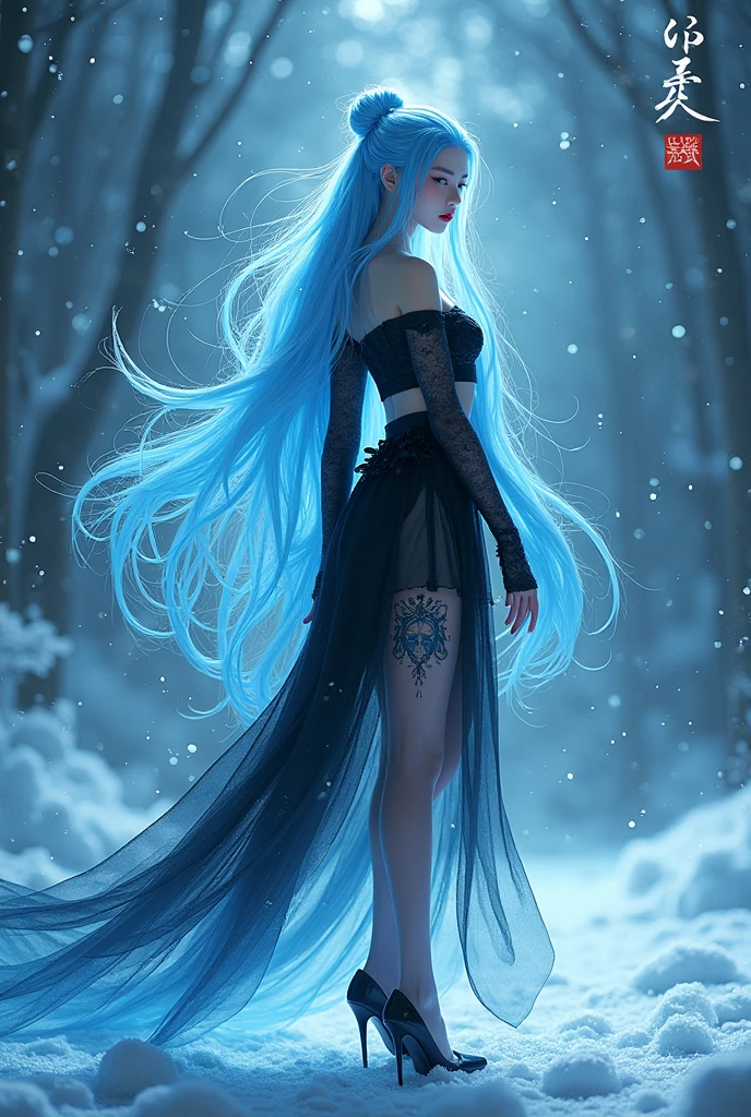 ((masterpiece, highest quality, Highest image quality, High resolution, photorealistic, Raw photo, 8K)), ((Extremely detailed CG unified 8k wallpaper)), (huge stunning goddess shot, very hot and sexy, jaw-dropping beauty, perfect proportions, beautiful body, slim body beauty:1.4), Chinese, A girl stands in the snow, wearing a Black off-shoulder top and skirt, at night, Magical effects around, Effect of water flowing in the air, tattoo, sky blue hair, red lip, Stockings, high heel, long hair 