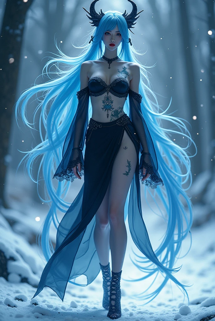 ((masterpiece, highest quality, Highest image quality, High resolution, photorealistic, Raw photo, 8K)), ((Extremely detailed CG unified 8k wallpaper)), (huge stunning goddess shot, very hot and sexy, jaw-dropping beauty, perfect proportions, beautiful body, slim body beauty:1.4), Chinese, A girl stands in the snow, wearing a Black off-shoulder top and skirt, at night, Magical effects around, Effect of water flowing in the air, tattoo, sky blue hair, red lip, Stockings, high heel 