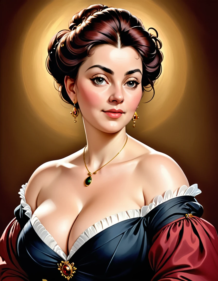 portrait painting of a thick Beautiful middle aged woman, extremely gorgeous , by Peter Paul Rubens, in Peter Paul Rubens style, by Caravaggio, intricate, flawless, masterpiece, Best quality, bursting bust, side, cleavage, huge bust, , ((own hand in cleavage)), (noble emotions:1.4)