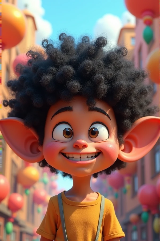 A cartoon with black curly hair and big funny ears