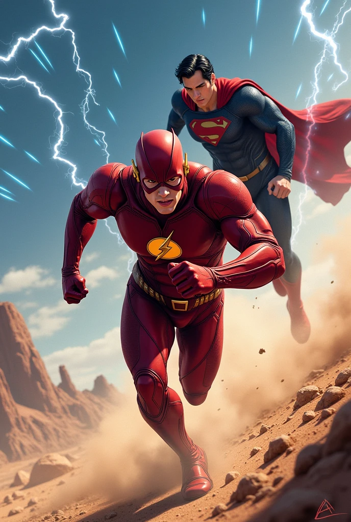 I want an illustration of Ezra Miller&#39;s Flash with Asian features and an aquiline nose, with large armor without a copper helmet and running in the desert between blue electric rays and chased behind by Superman who flies with a black suit and a black cape and the silver S on his chest, Shooting red rays from his eyes 