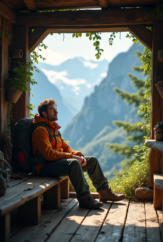 Un homme de 47 ans randonneurs bruns yeux marron assis dans un refuge de montagne 
