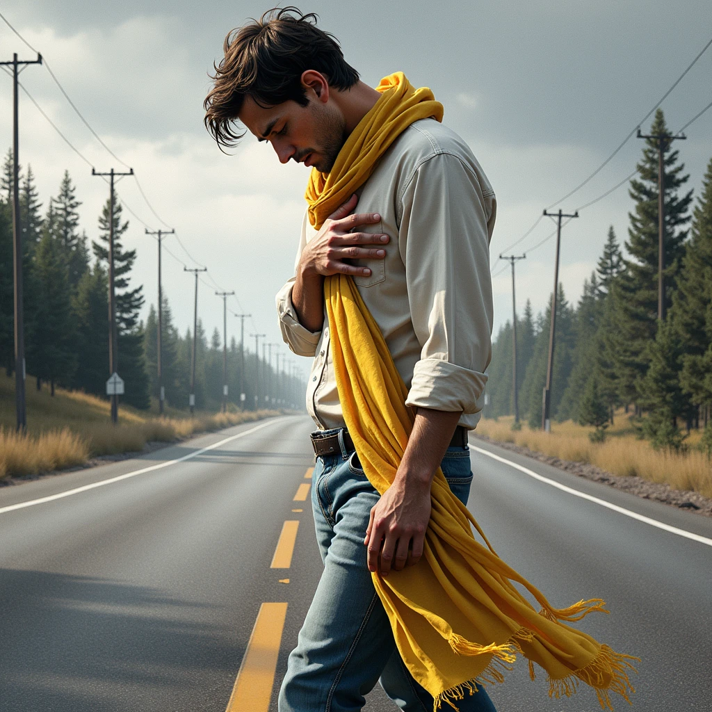 A remorseful young man walking down an empty road. The man wearing a white shirt with jeans. The man is carrying a woman's yellow floral scarf to his chest in grief. The image should show the emotion of grief as the man has only this scarf left of her. Realistic Image