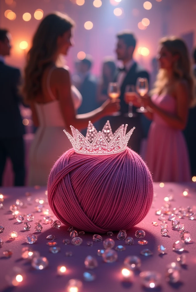 A ball of Duna yarn from Círculo in front with a crown of diamonds and in the background a slightly blurred image of a debutante party with a phrase celebrating the yarn&#39;s 15th anniversary