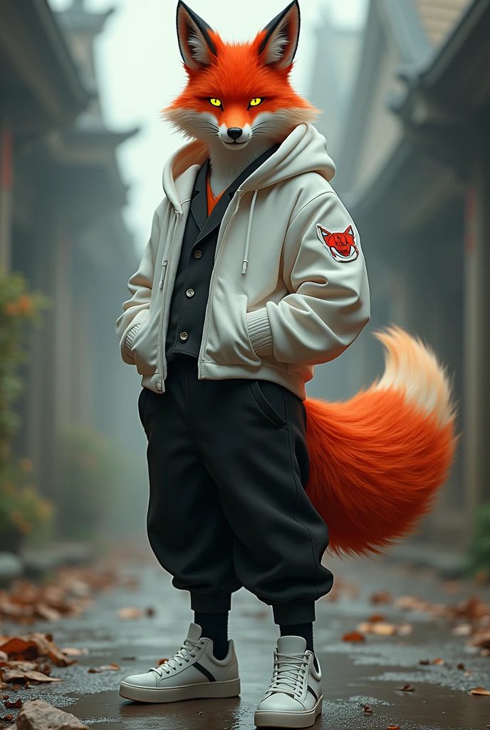 Kitsune Man, red-haired with bright yellow eyes, like topaz,with one big tail, vestindo uma calça social black,uma bota black,black,hoodie with hood white, white sweatpants, white sneakers.