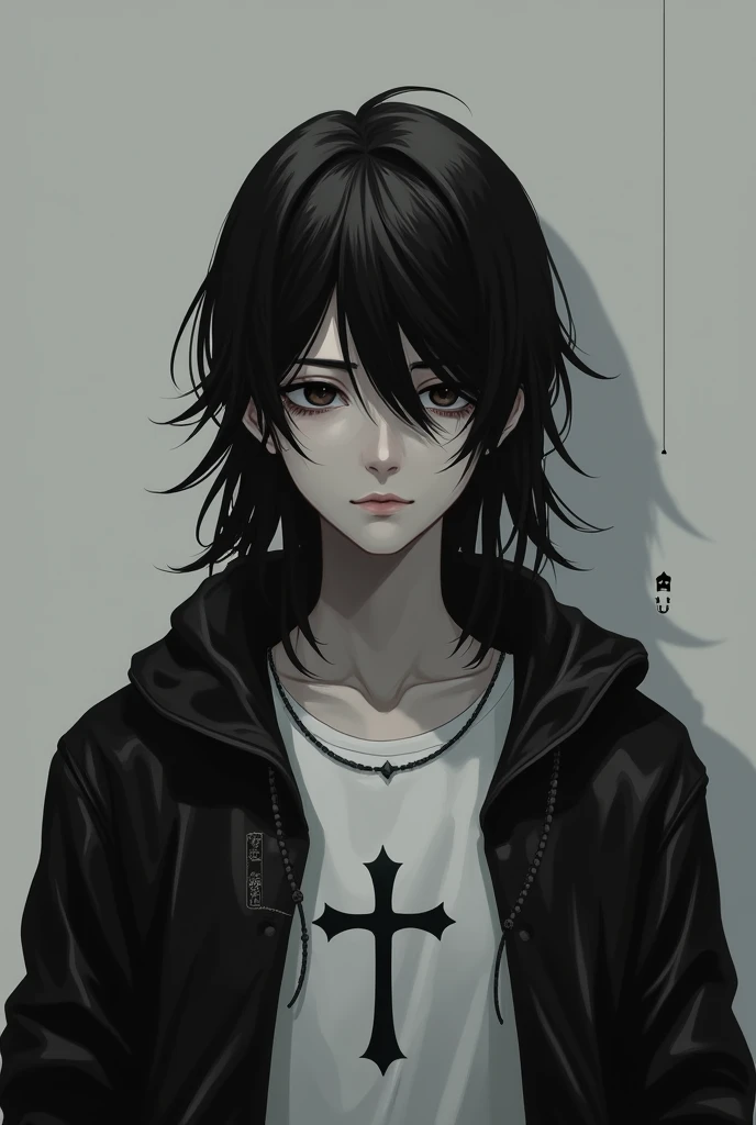Boy with long black hair and black eyes, white t-shirt, black jacket with cross on neck