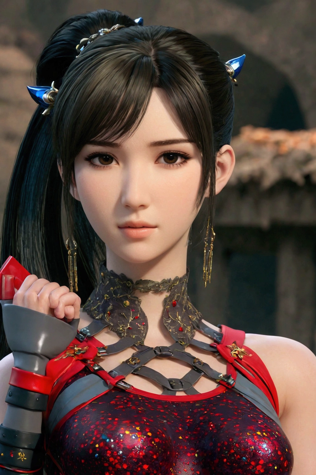 Eve, stellar blade, 8k,highres, 1girl, front lighting, simple background, gray background, looking at the viewer, bodysuit, black hair and dark black hair, fringe, hair tied in ponytail style, video game, heels, gloves, boobs, honey colored eyes, white skin, korean, She has straight bangs that frame her face, Her deep, captivating black eyes contrast with her soft, complete body