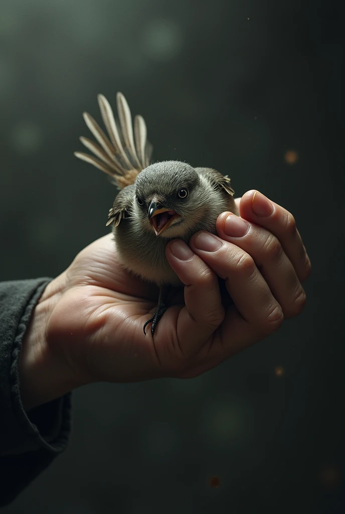 a hand carrying and squeezing by the neck a fragile bird that is trying to escape and fly against a dark background