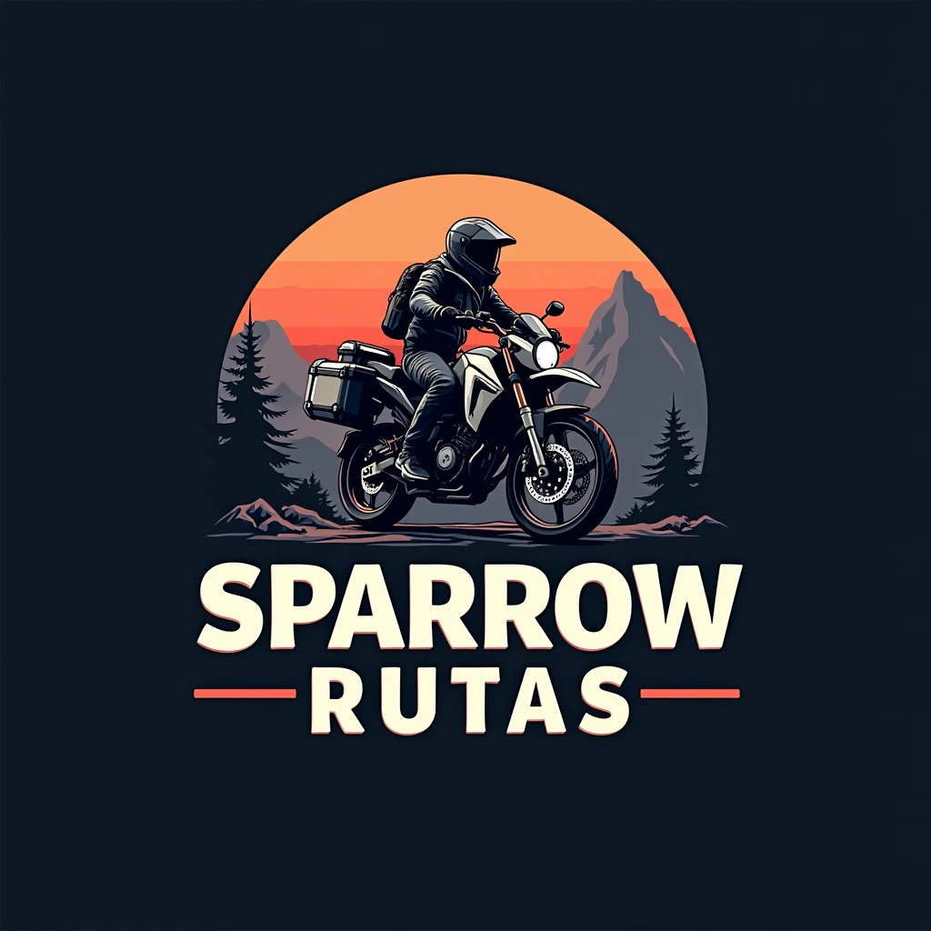 ((Honda NC750X 2016 model year:1.5)) , ((dynamic angle)), ((motorcycle with suitcases)), ((a motorcycle)), (((crear un Logo vectorizado with white border de una moto Honda modelo NC750X))), color dark background, Vectorized style, Logo vector art, Diseño de Logo, simple and clean illustration, Logo, Logo, a circular logo , with white border, dark background, With the name "SPARROW RUTAS" a estilo gammer , mountain and roblox