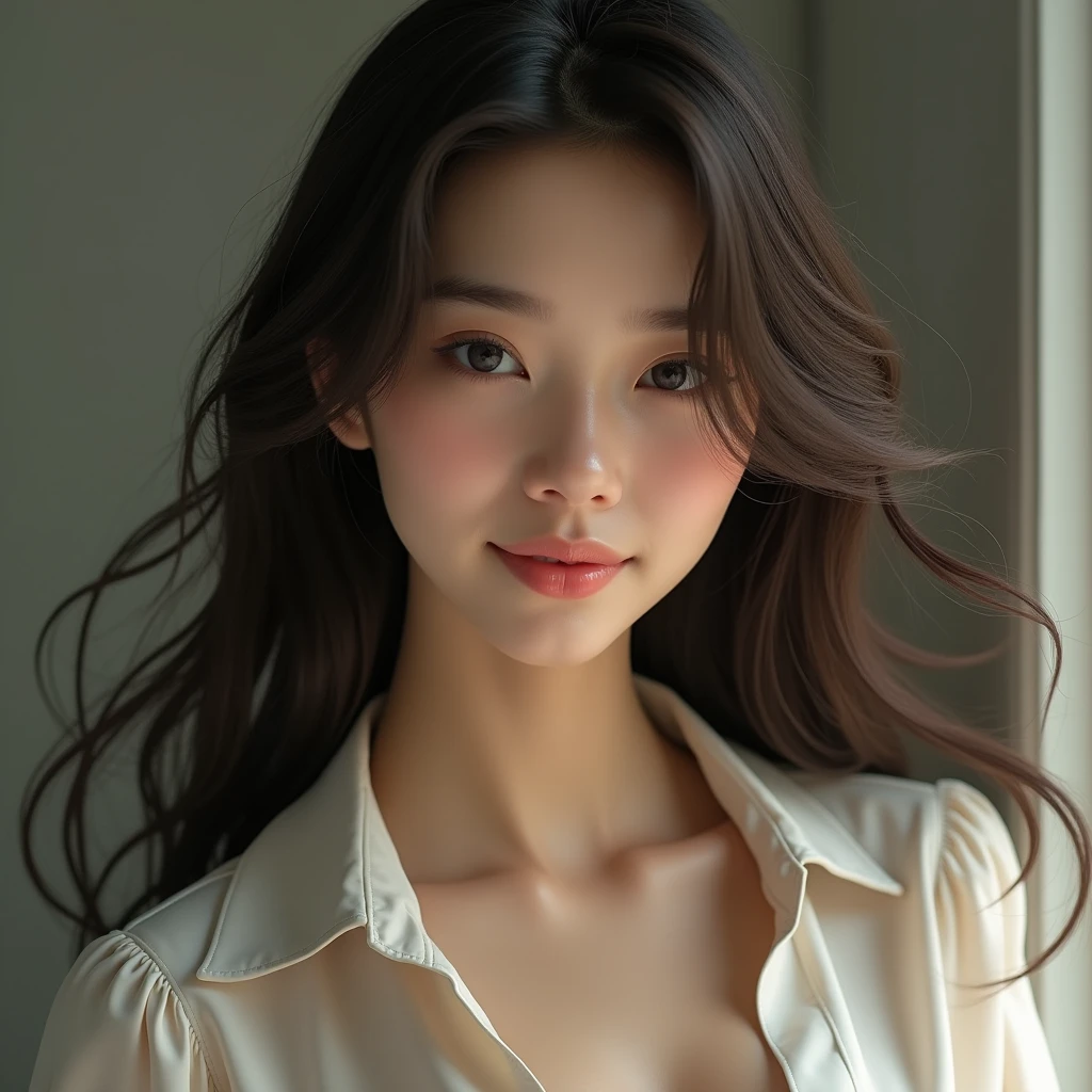 masterpiece, best quality, photorealistic, raw photo, 1girl, long hair, medium breast, collared blouse, light smile, detailed skin, pore, simple background
