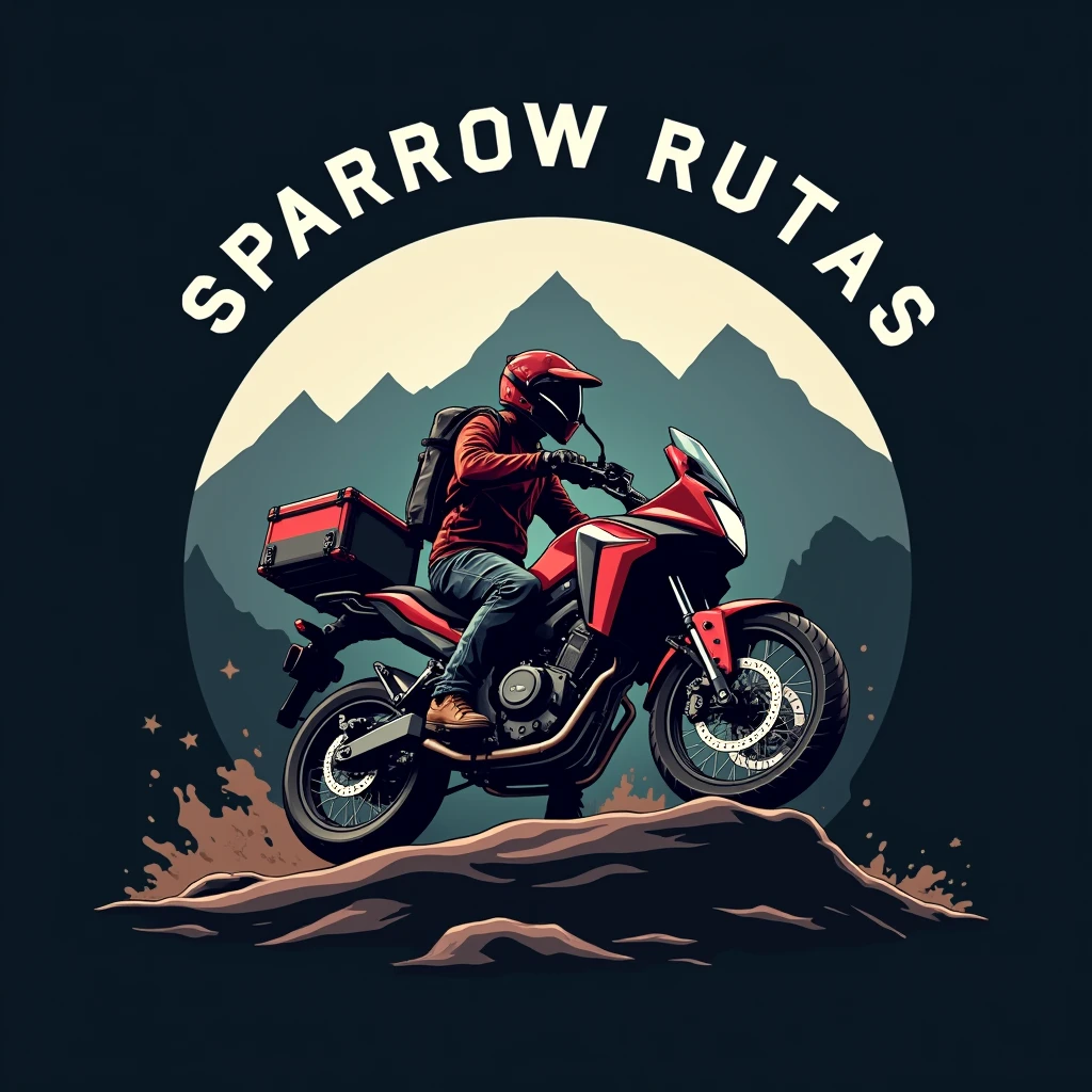 ((Honda NC750X 2016 model year:1.5)) , ((dynamic angle)), ((motorcycle with suitcases)), ((a motorcycle)), (((crear un Logo vectorizado with white border de una moto Honda modelo NC750X))), color dark background, Vectorized style, Logo vector art, Diseño de Logo, simple and clean illustration, Logo, Logo, a circular logo , with white border, dark background, With the name "SPARROW RUTAS" a estilo gammer , mountain and roblox