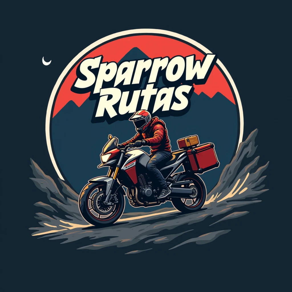 ((Honda NC750X 2016 model year:1.5)) , ((dynamic angle)), ((motorcycle with suitcases)), ((a motorcycle)), (((crear un Logo vectorizado with white border de una moto Honda modelo NC750X))), color dark background, Vectorized style, Logo vector art, Diseño de Logo, simple and clean illustration, Logo, Logo, a circular logo , with white border, dark background, With the name "SPARROW RUTAS" a estilo gammer , mountain and roblox
