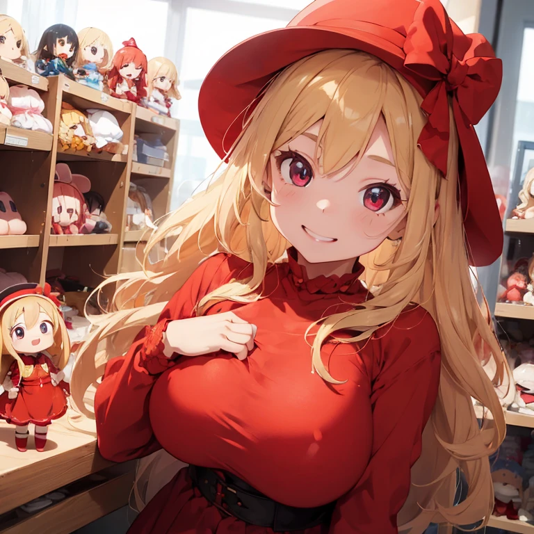 1 female,  girl, red long sleeve dress, blonde long hair, rosa cheeks, doll store, playing a dolls, happy face, huge breast, candy, summer hat, kiss kiss, on the cheek, in the screen