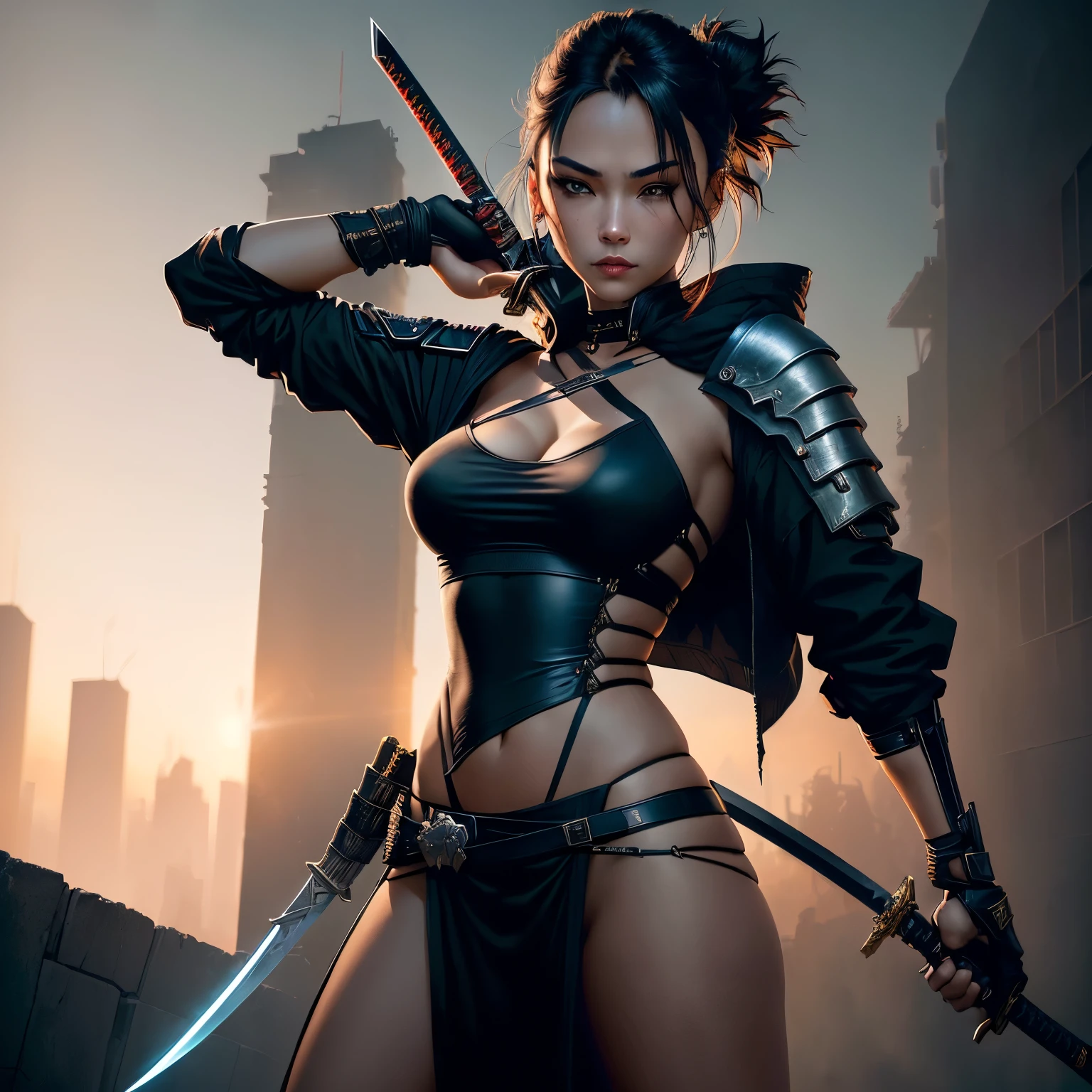 8K,Close-up portrait of a person holding a sword in front of the full moon、A very beautiful cyberpunk female ninja、Short Bob Hair、holding a katana、holding a katana、Inspired by Yoshigai Kano、woman samurai、Knives、large sword、demon samurai、from arknights、Ghost Beast Waiter、She with a sword、kunoichi、Dramatic Katana Wielding Pose、(tiny chest:1.4)