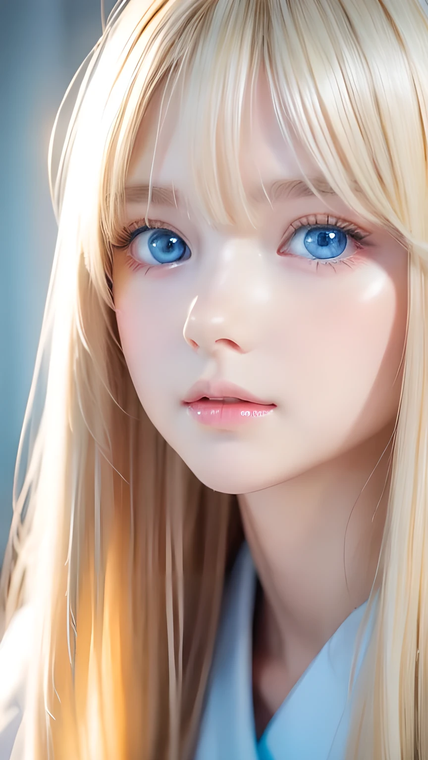Very beautiful blonde hair、Bright Blue Eyes、Beautiful Girl、1 Nordic beauty、Shiny, super long, straight, silky hair、Beautiful natural platinum blonde、Very bright, large light blue eyes that shine beautifully、Double eyelids、Big eyes、Small Face Beauty、round face、Cheek gloss highlighter、Ample breasts、Very white and shiny skin、Blonde hair color that changes with light、Long bangs obstruct the view、Sexy and very beautiful lovely cute gorgeous face、The most beautiful face in the world、smooth, straight hair、Shining light blue eyes、Beautiful bangs、Beautiful cute girl、disheveled bangs above the eyes,