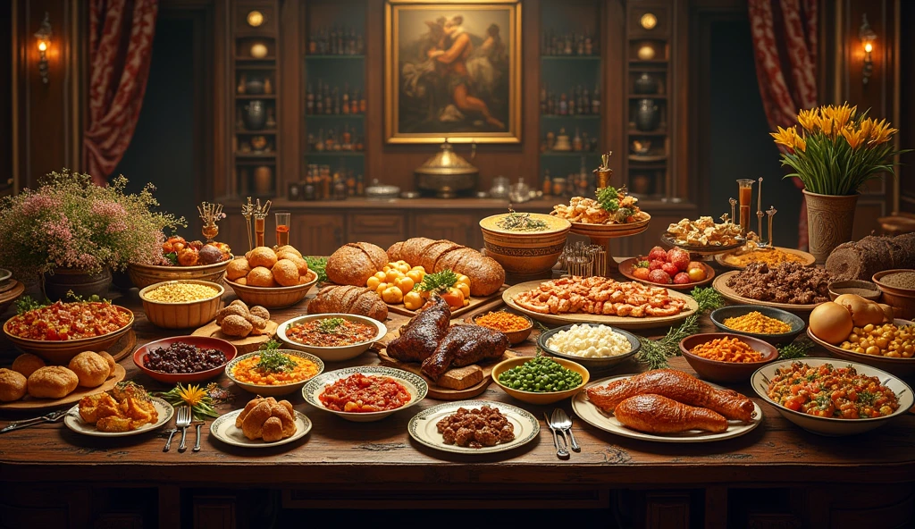 Large wooden table with a feast with a wide variety of dishes, Warm colors and elegant atmosphere
