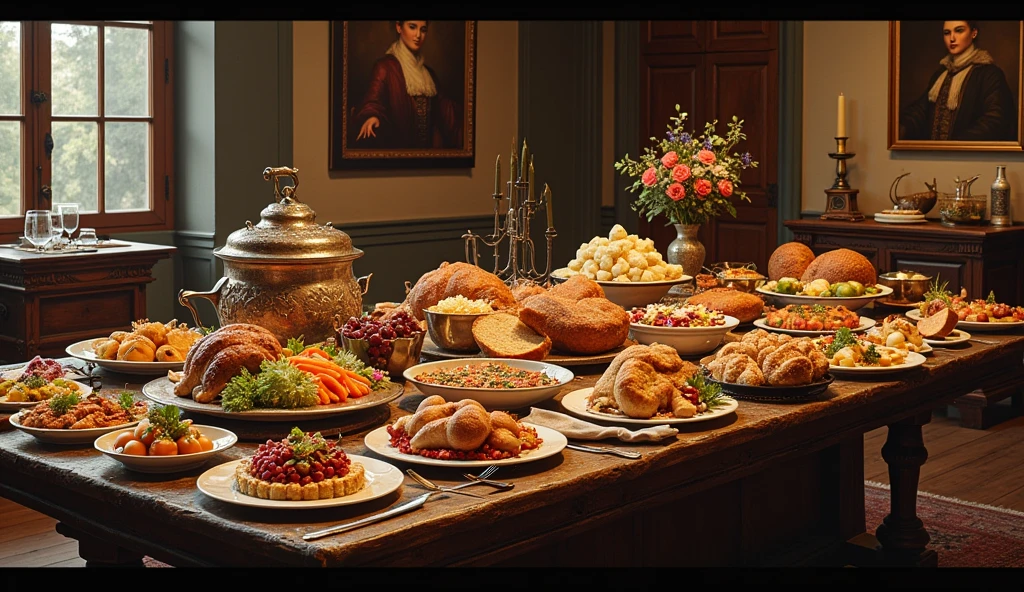 Large wooden table with a feast with a wide variety of dishes, Warm colors and elegant atmosphere