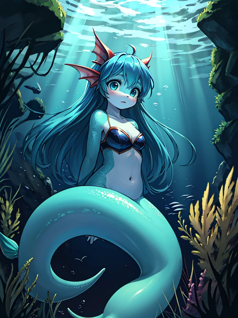 horror style , mermaid girl , dim light , Diving into the dark depths of the ocean