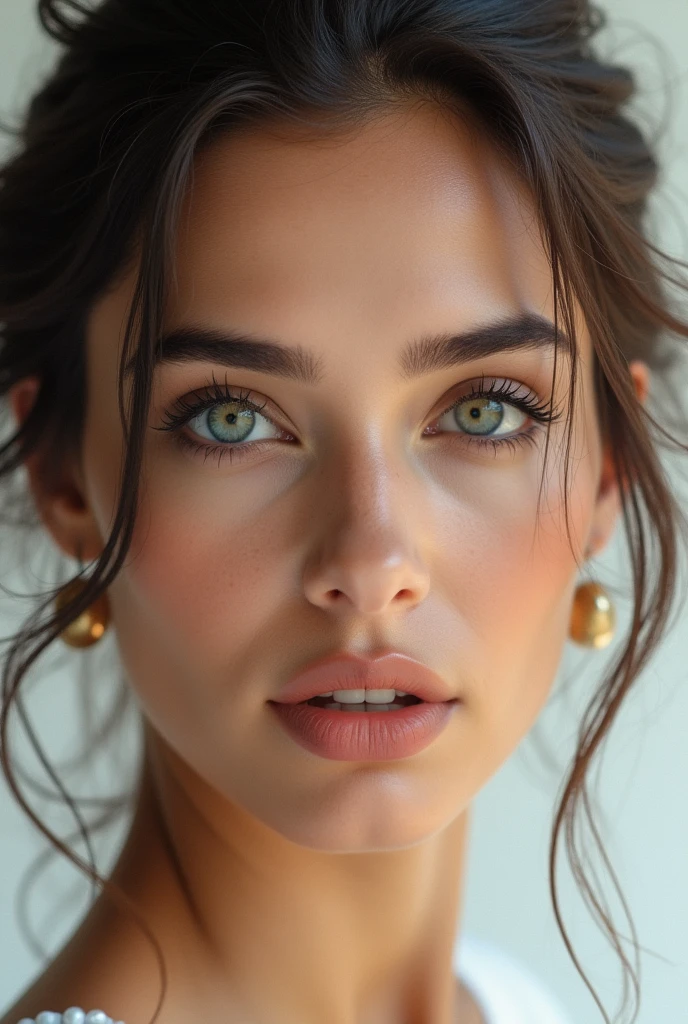 (photorealism:1.2), eyes beautiful woman of Arabic descent. Close up portrait picture. White background, landscape mode