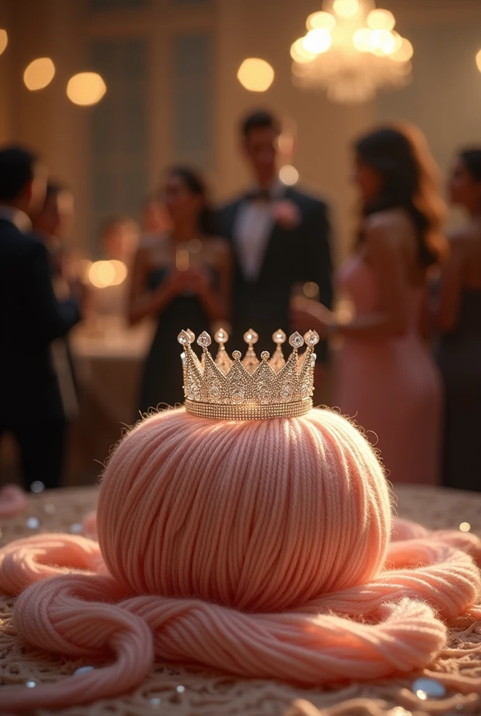 A ball of Duna yarn from Círculo SA in front with a crown of diamonds and in the background a slightly blurred image of a debutante party with a phrase celebrating the yarn's 15th anniversary