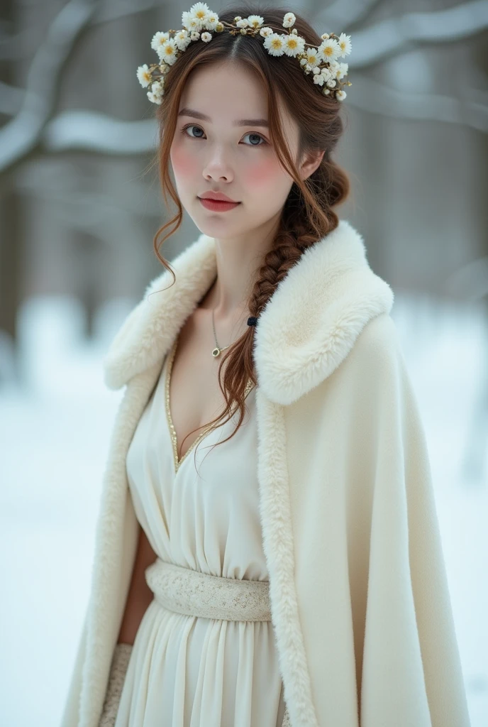 I put on a cream white dress. It wasn't exactly like a wedding dress, but it was quite pure, clean, with the wide skirt, shiny and over it a luxurious white velvet cape. my light brown hair braided over my head, a wreath of hawthorn flowers on it. I had put blush on my cheeks and a light touch of color on my lips.. Like the first blush of spring in the middle of a winter landscape