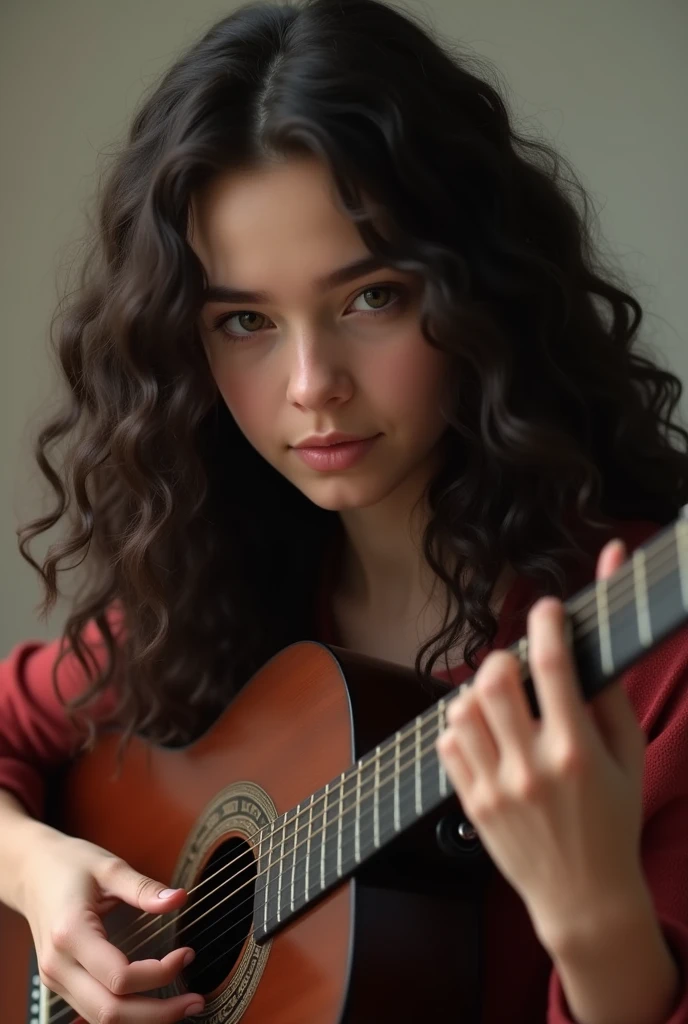 one with long curly hair and a dark brown curly hair
, more or less light skin playing a black nylon guitar,
teenage oval face 