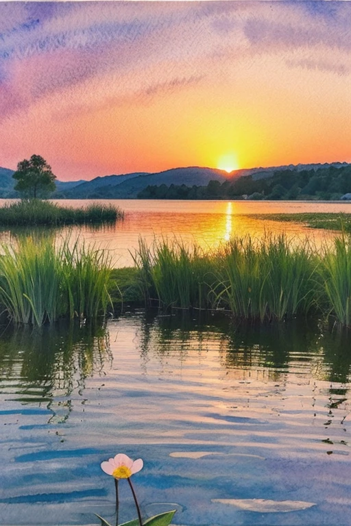 Watercolor、sunset、lake、A single flower、