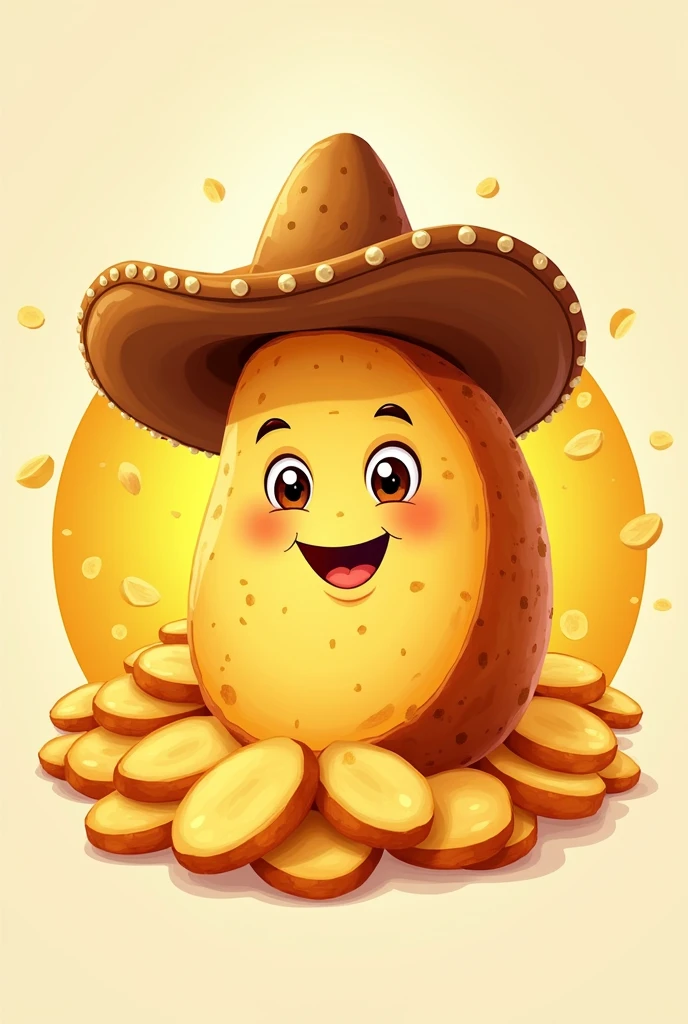 A logo for a golden potato business with a slice of potato wearing a charro hat and around it the golden potatoes cut into thin round slices fried