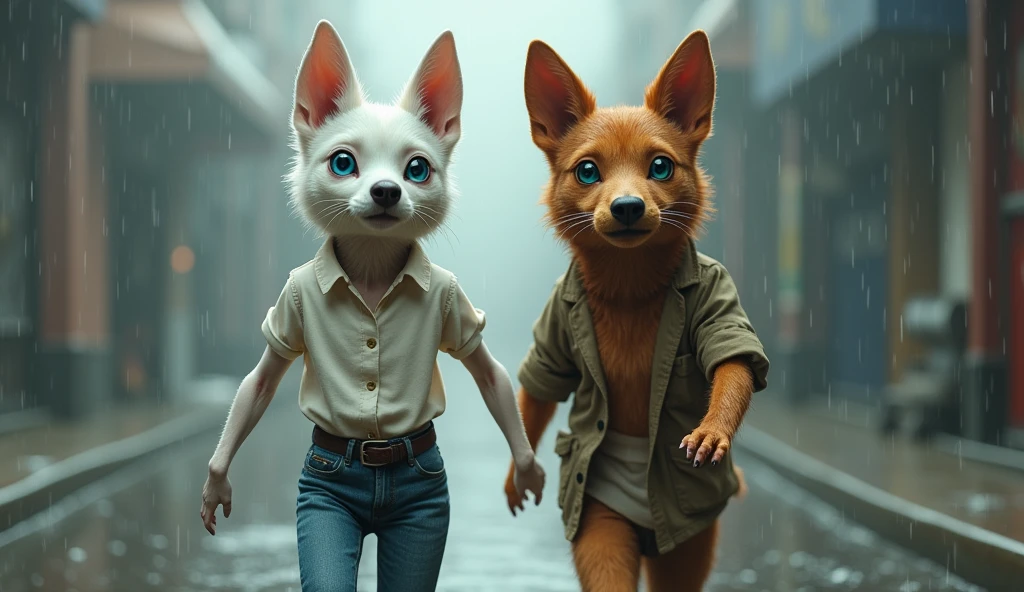A bony white female dog and blue eyed brown male dog walking like human, they are dressed in a white blouse and jeans, walking in the rain
tip: realistic skin texture